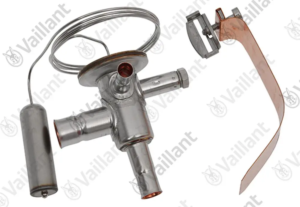 Vaillant Expansionsventil aus Metall mit einem zentralen Anschluss, zwei seitlichen Rohren und verschiedenen Komponenten zur regulierten Durchflusskontrolle.